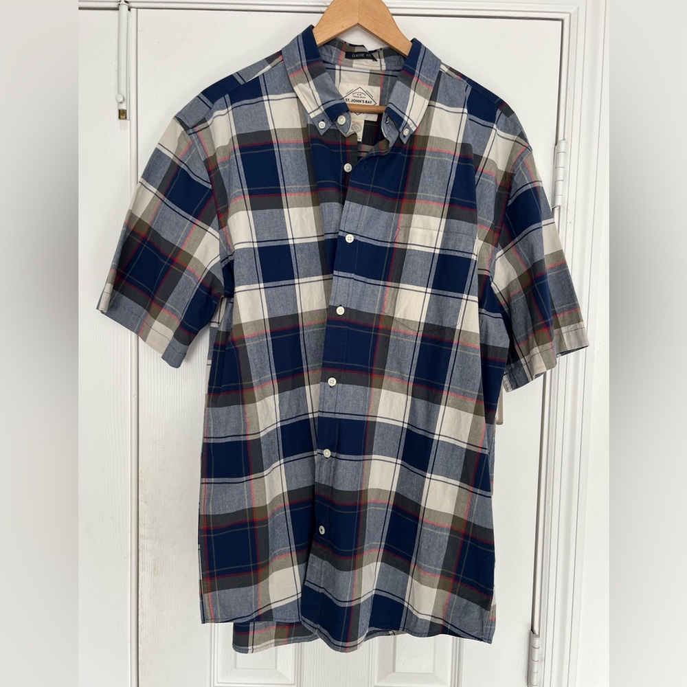 St. John's Bay Navy and Gray Plaid Button Down Shirt